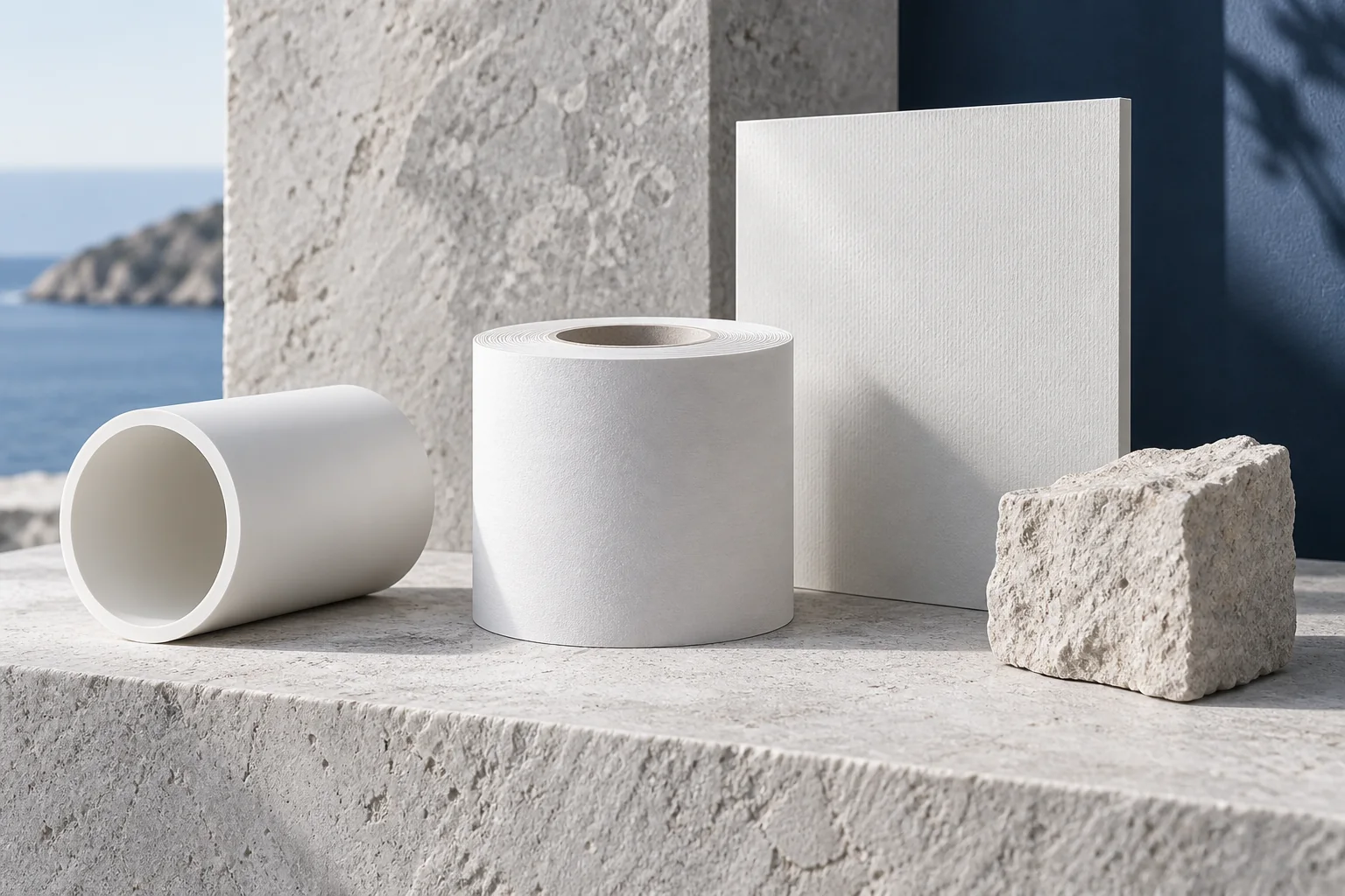 Limestone alongside a polymer pipe, paper roll and coated panel
