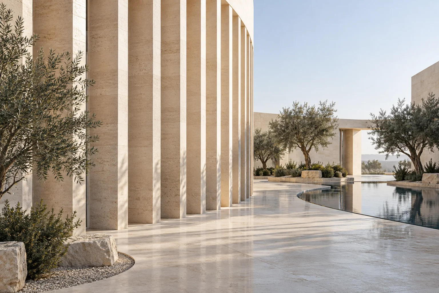 Sunlight across limestone fins and a curved stone architectural detail