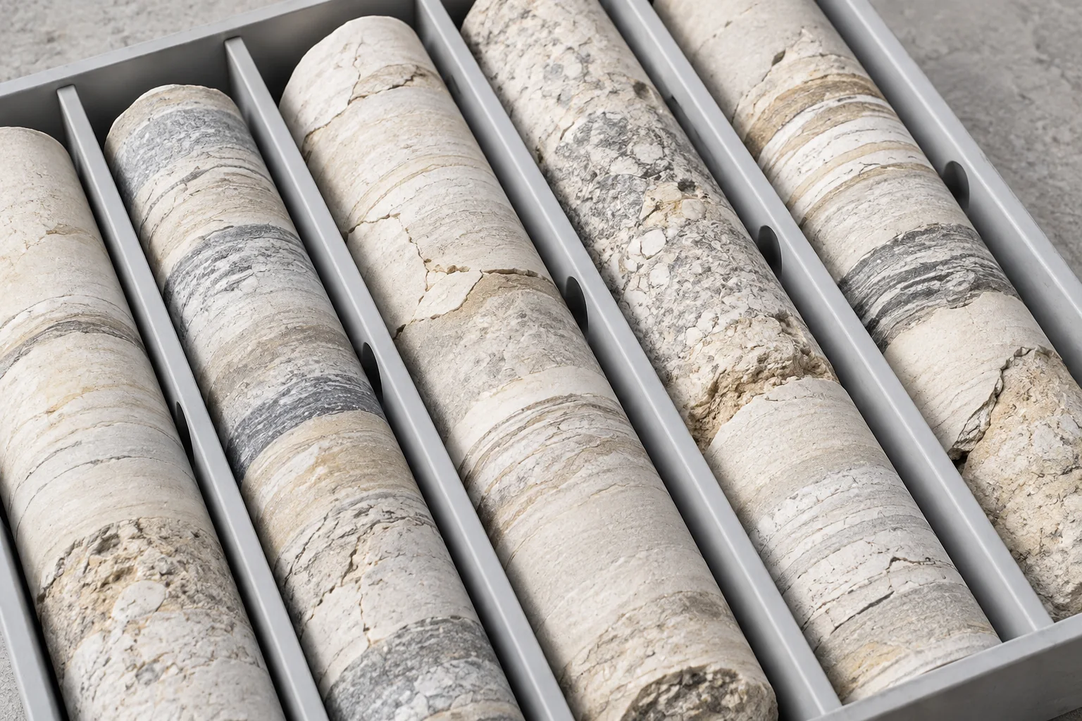 Limestone drill core specimens arranged for geological examination
