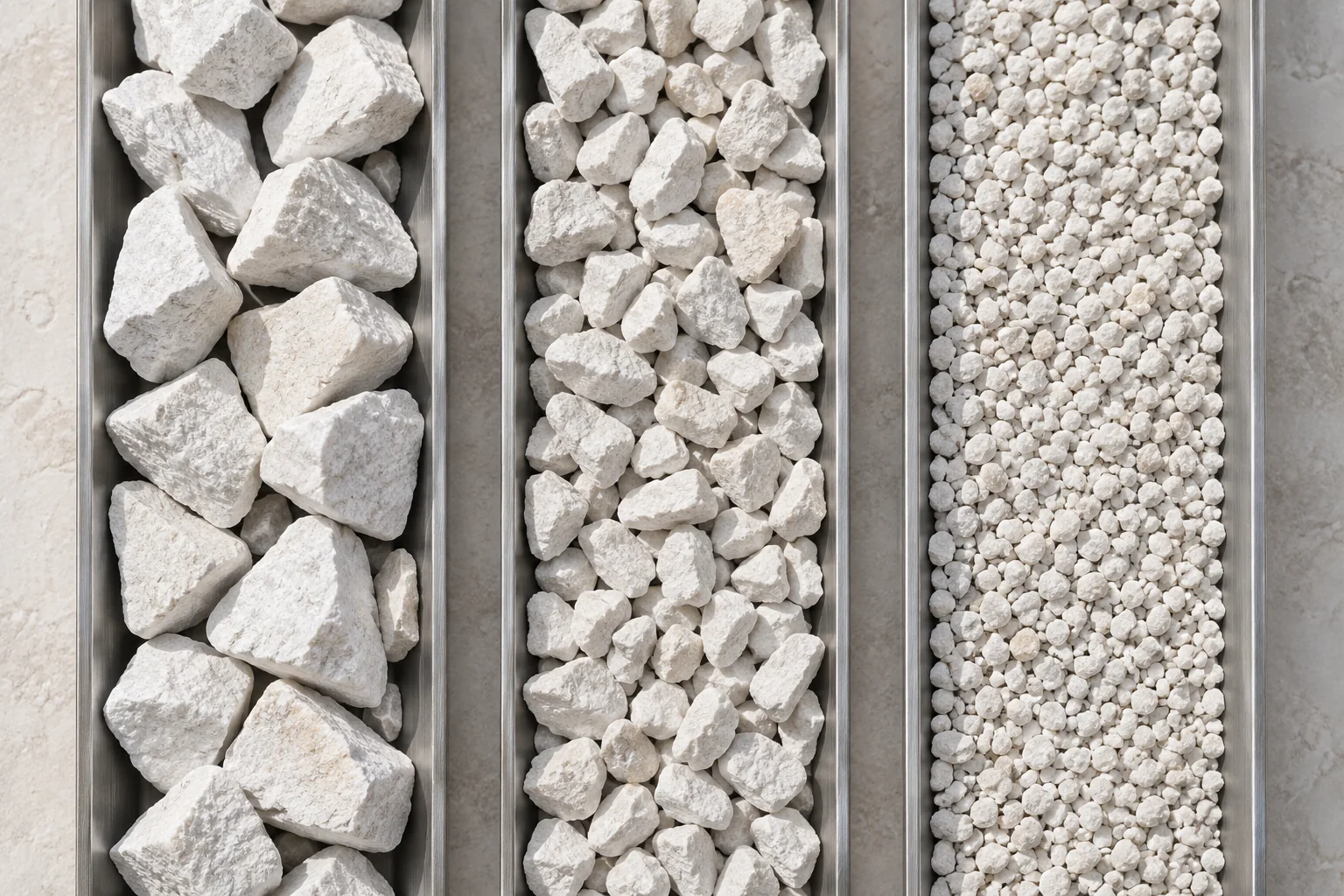 Crushed white limestone fractions arranged in stainless sample channels